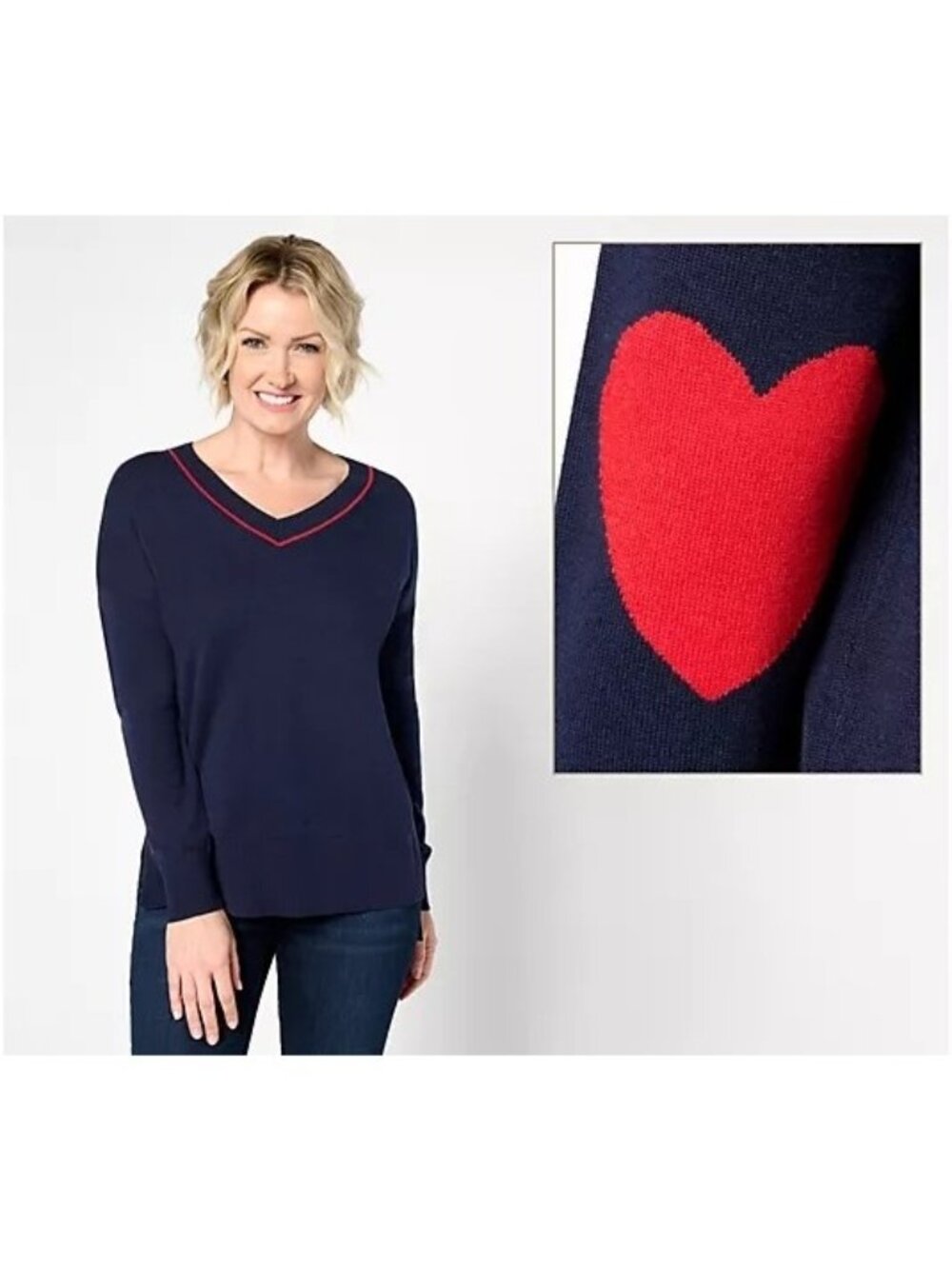Studio Park Amy Stran Sweater Size XL Galentines V Neck Heart Sleeve Navy Red